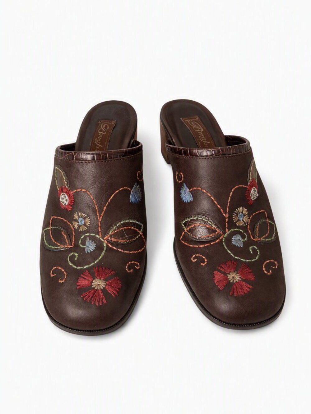 Brighton Suede/Leather Embroidered Brown Mules Size 8.5